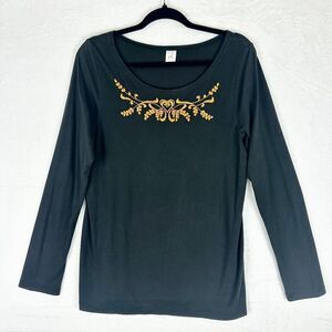 Peruvian Connection Pima Cotton Embroidered Long Sleeve Tee Size XL Black